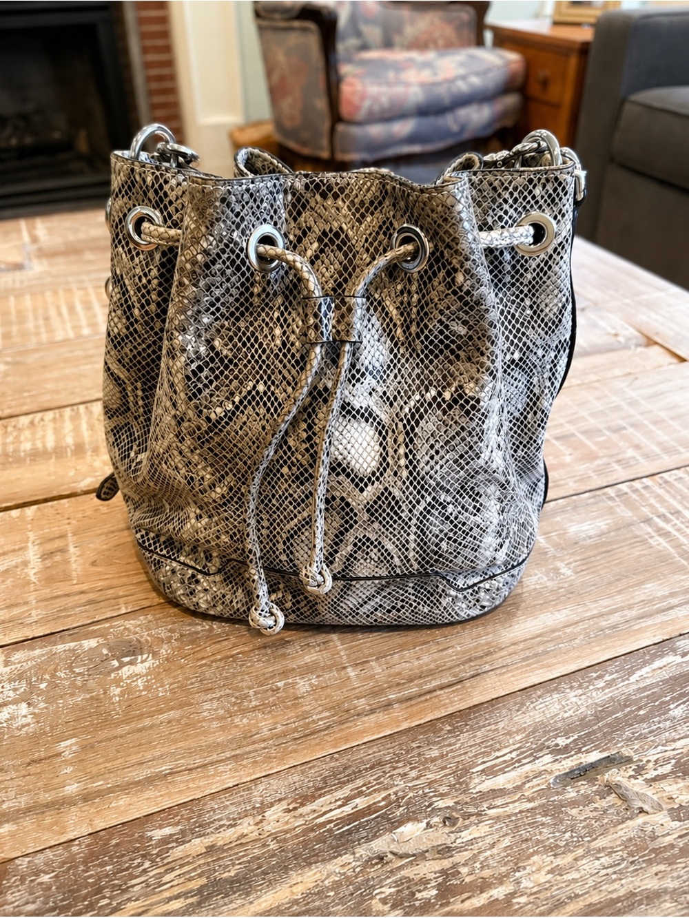 Rebecca Minkoff Embossed Leather Snakeskin Print Bucket Bag Drawstring Crossbody